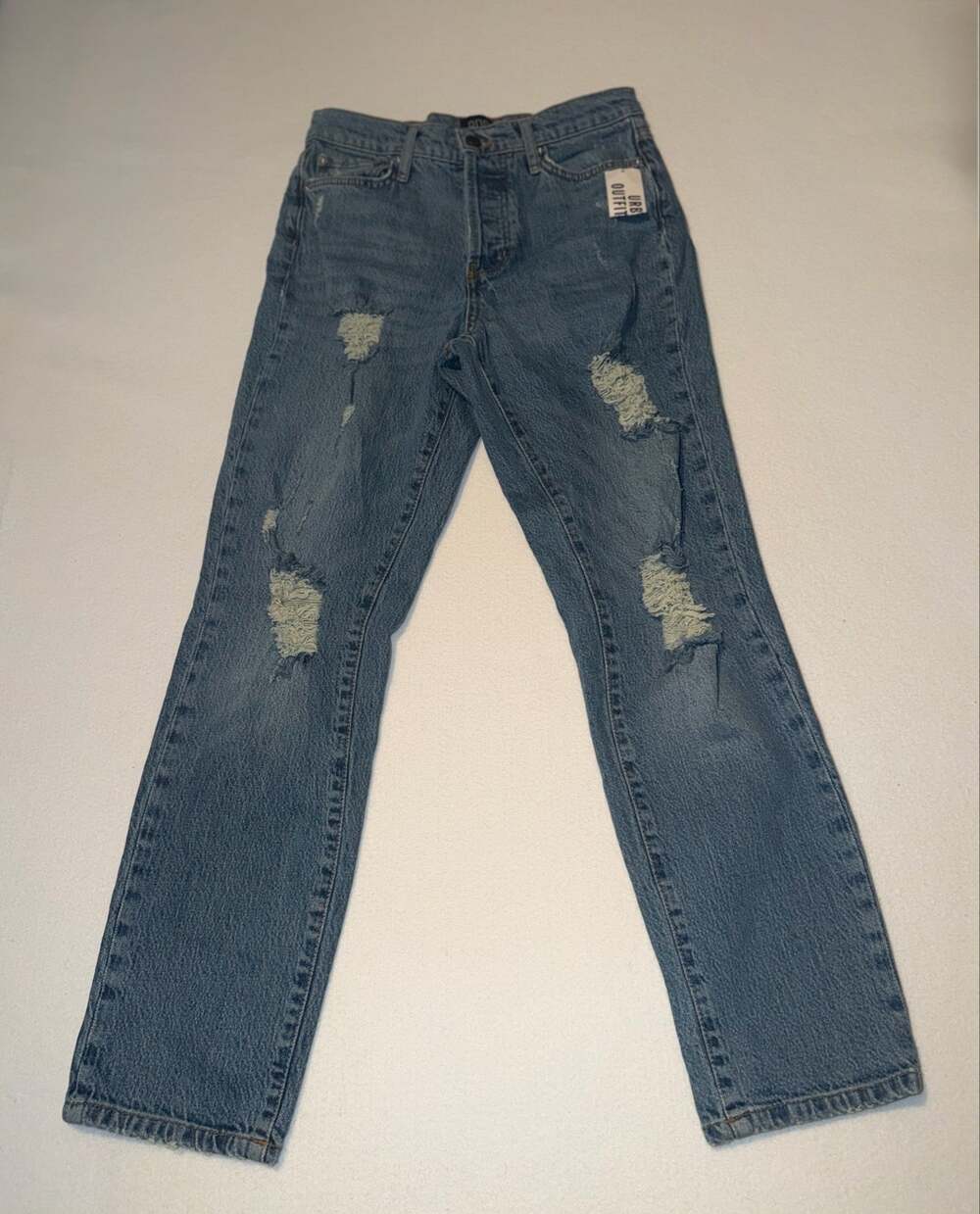 BDG women’s New distress button fly stretch high rise slim blue jeans